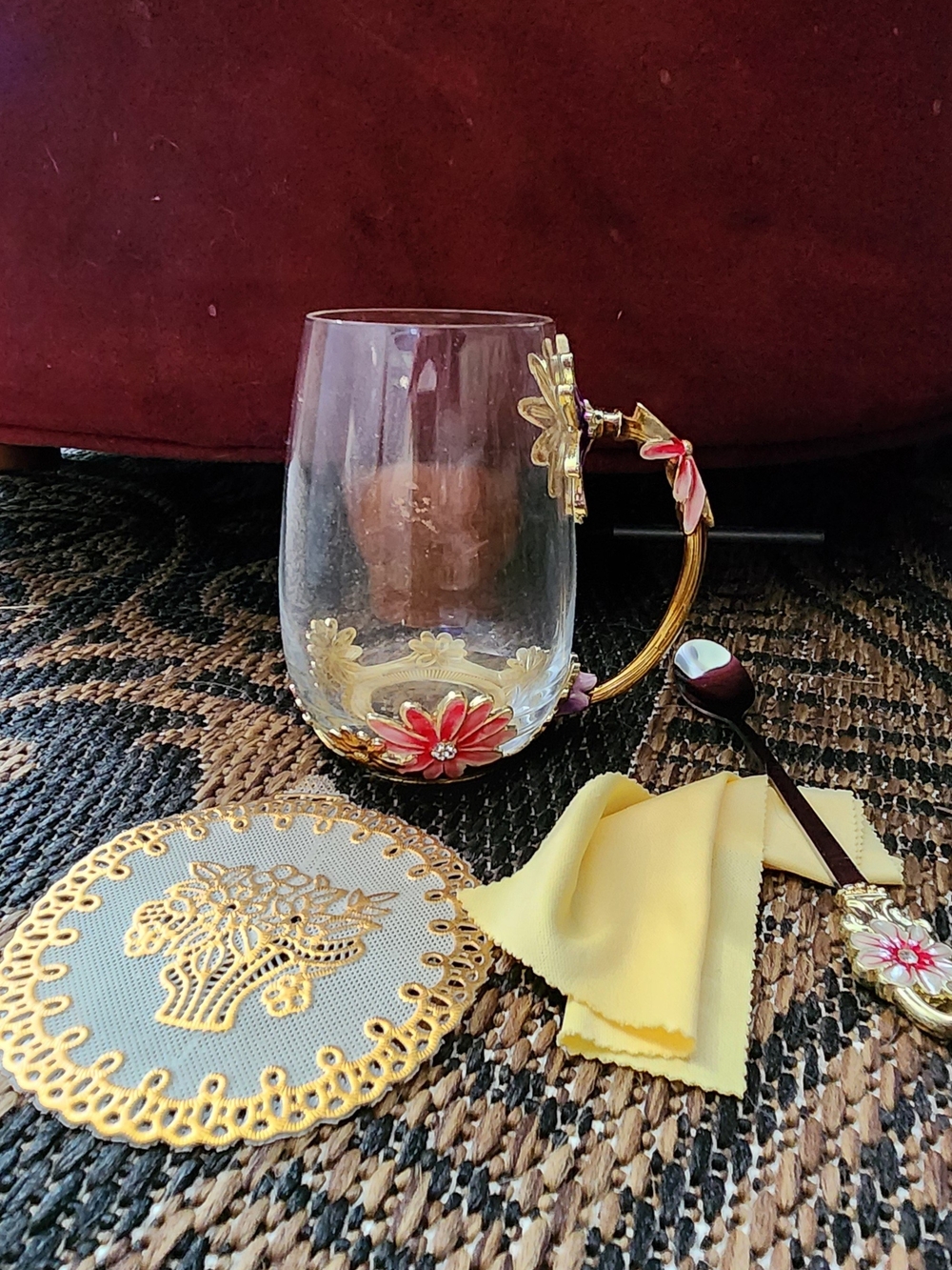 Glass Teacup “Enameled Jeweled Flowers" Metal Base & Handle Coffee Mug